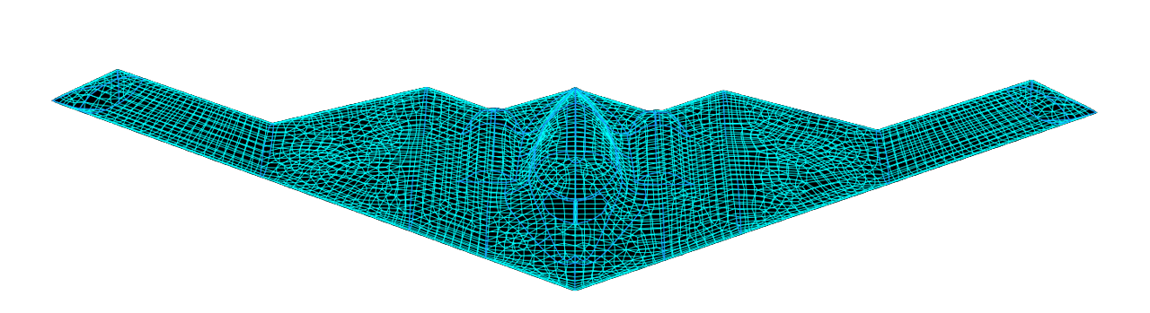 White aircraft finite element mesh on a navy blueprint background
